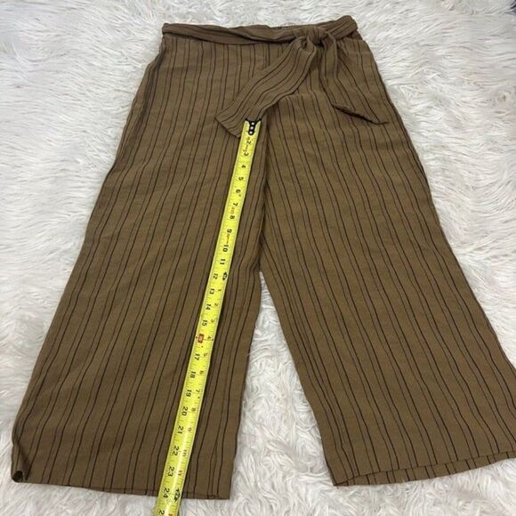 Calvin Klein Linen Brown Pinstriped Elastic Waist Tie Wide Leg Cropped Pants 6 - Picture 4 of 12